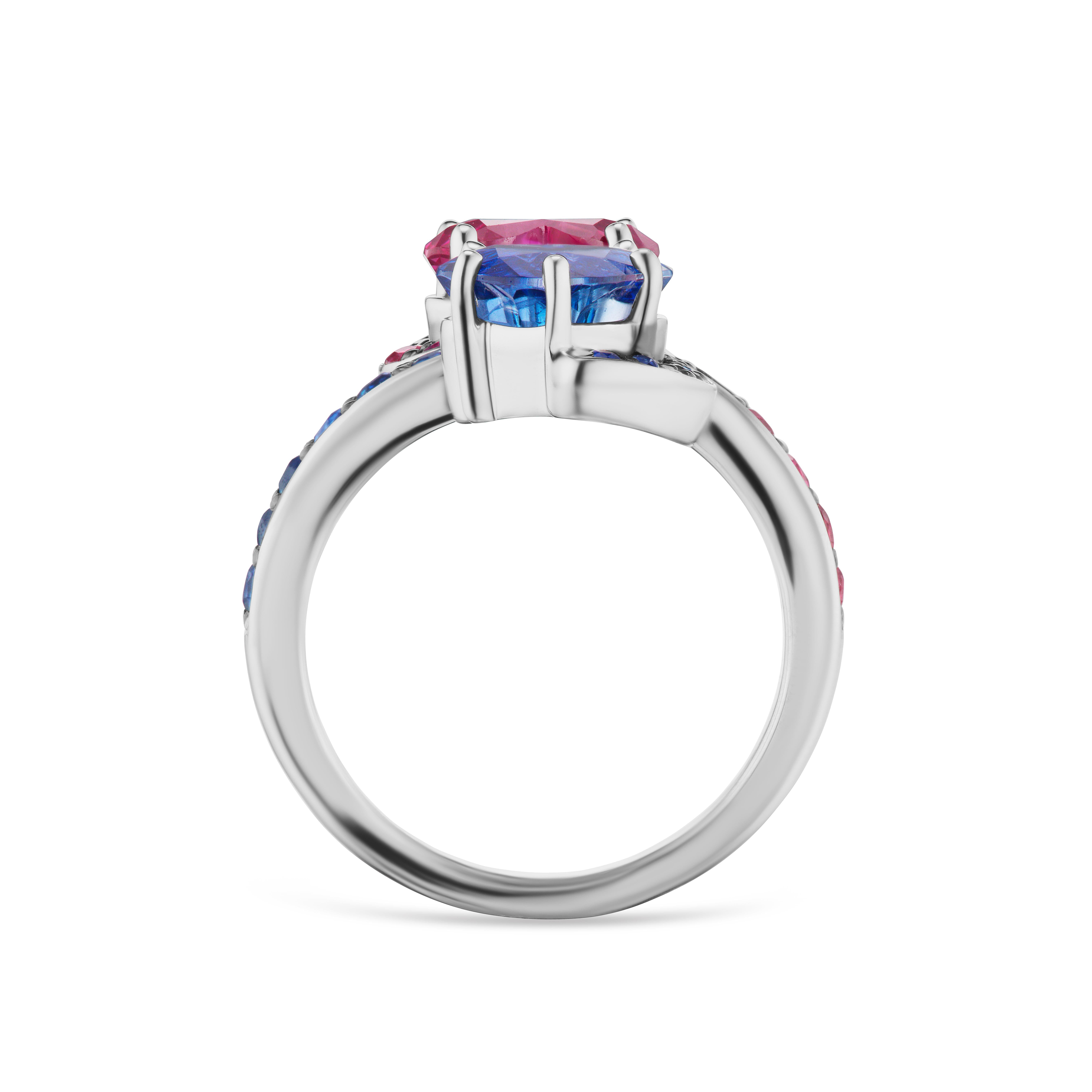 This Contrarie cocktail ring features a 1.77 carat heart shape sapphire and a 1.98 carat ruby with 30 ruby and sapphire side stones. 

Resizeable upon request.

Viewings available in our NYC showroom by appointment.