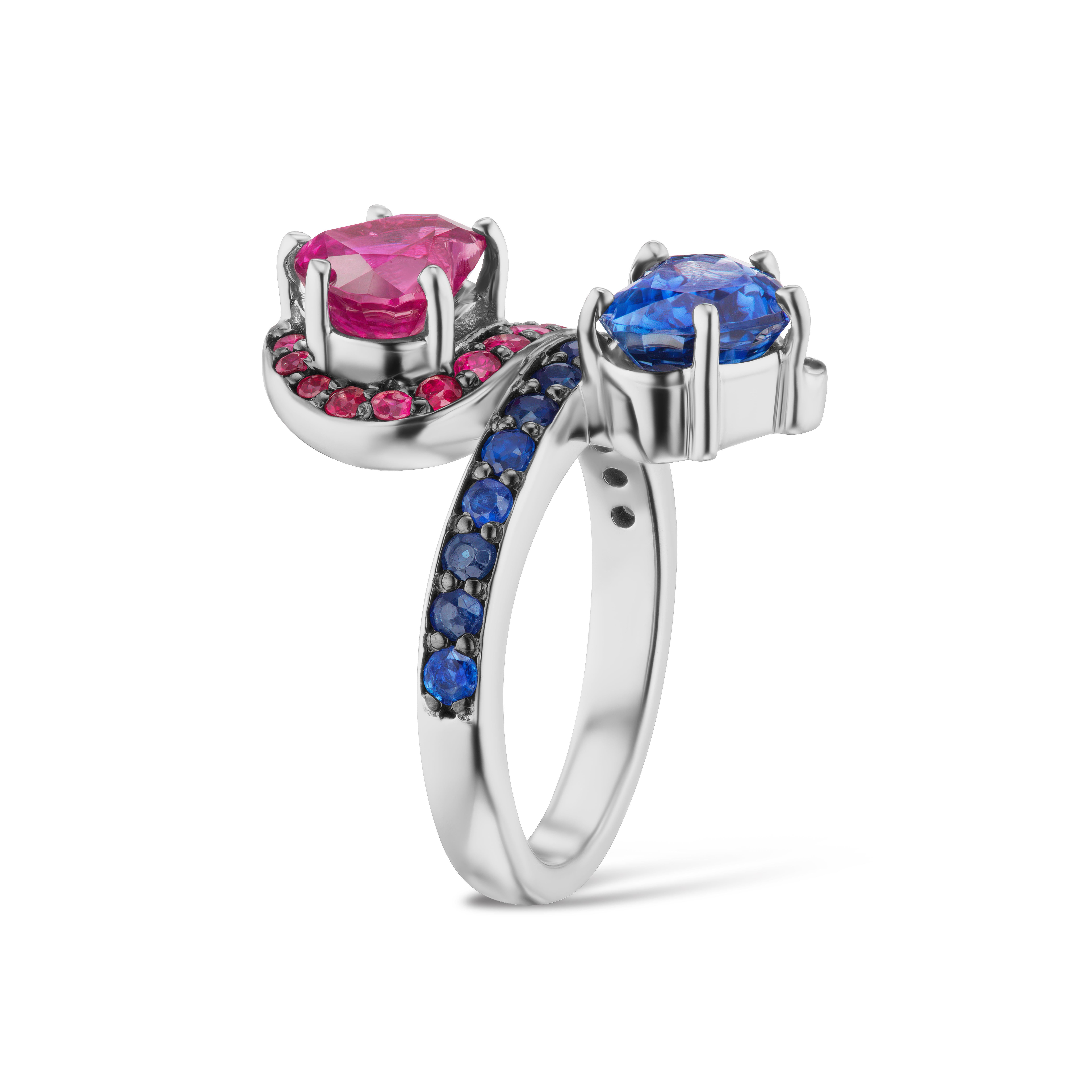 Heart Cut 14 Karat White Gold Contrarie Ruby and Sapphire Heart Cocktail Ring For Sale