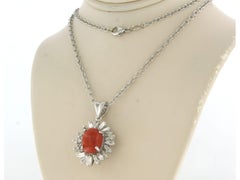 14k White Gold Coral and Diamond Pendant Necklace, 0.80ct, 50cm Long