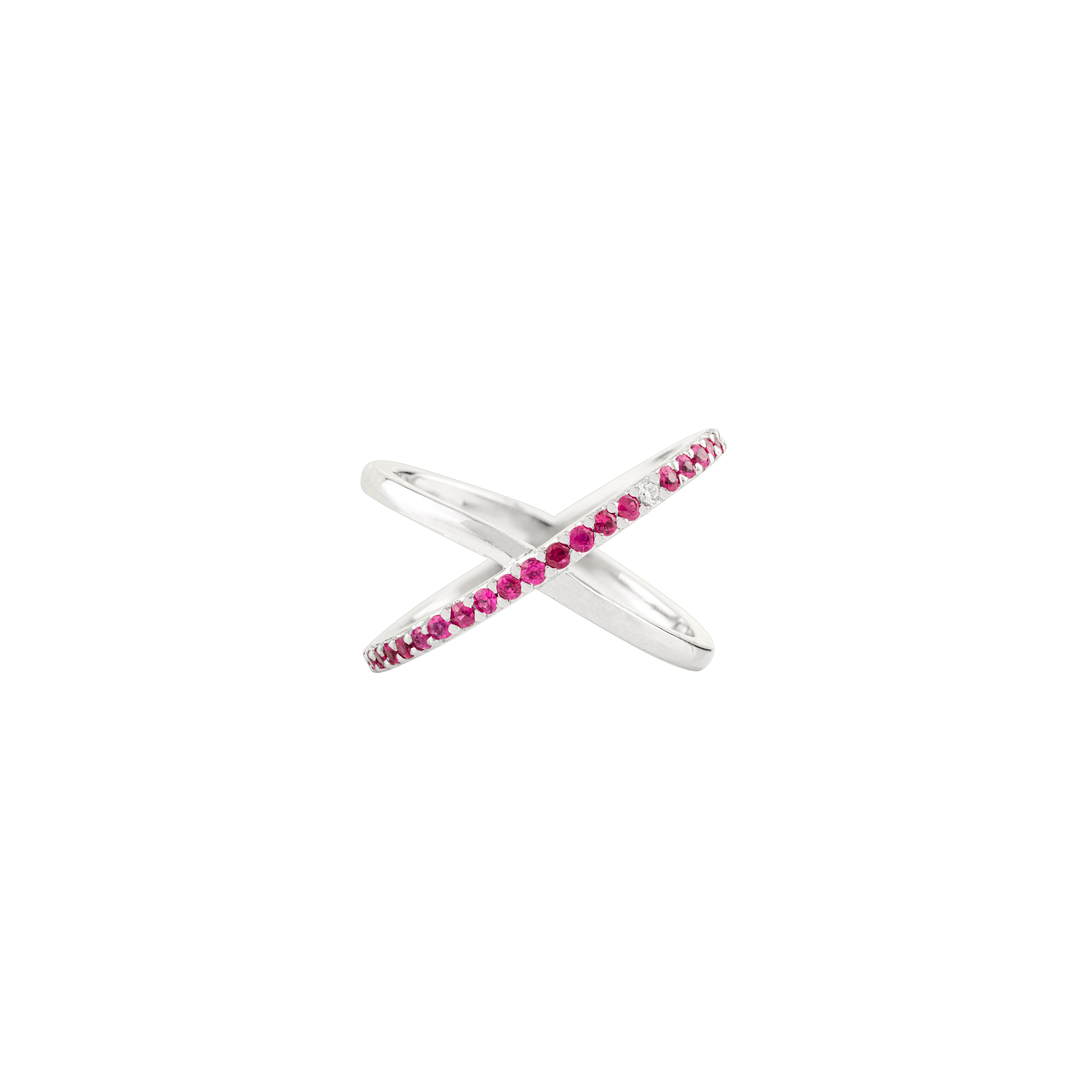 En vente :  Bague croisée en or blanc 14K avec rubis rond et diamant Cadeau pour elle