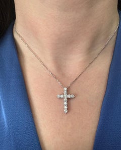 14K White Gold Cross Pendant Necklace with Diamonds 1.04 Carats