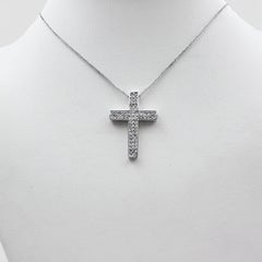 14k White Gold Cross Pendant with Diamonds and 14" Necklace.