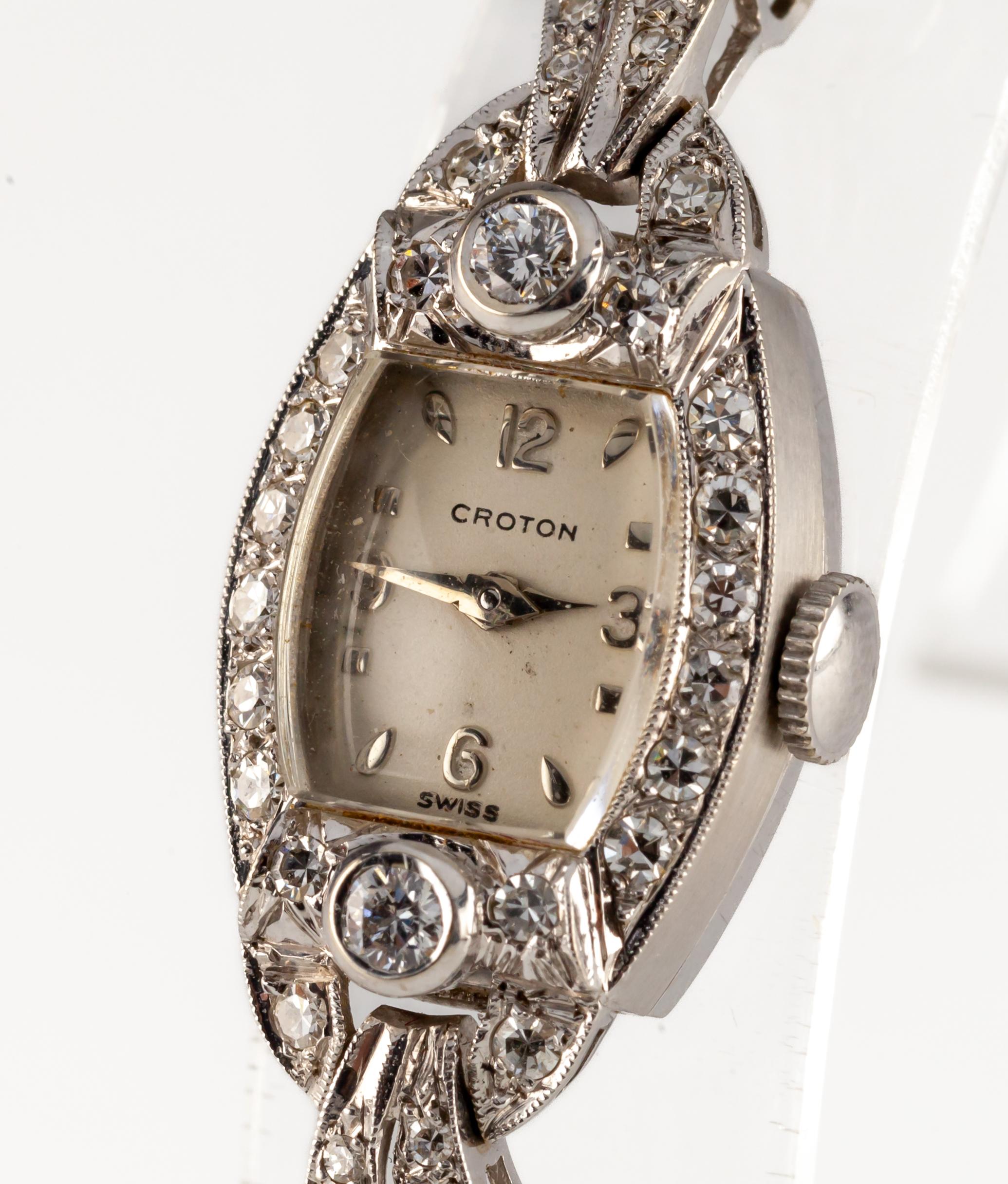 14k Weißgold Croton Damenuhr mit Handaufzug und Diamanten (Moderne) im Angebot