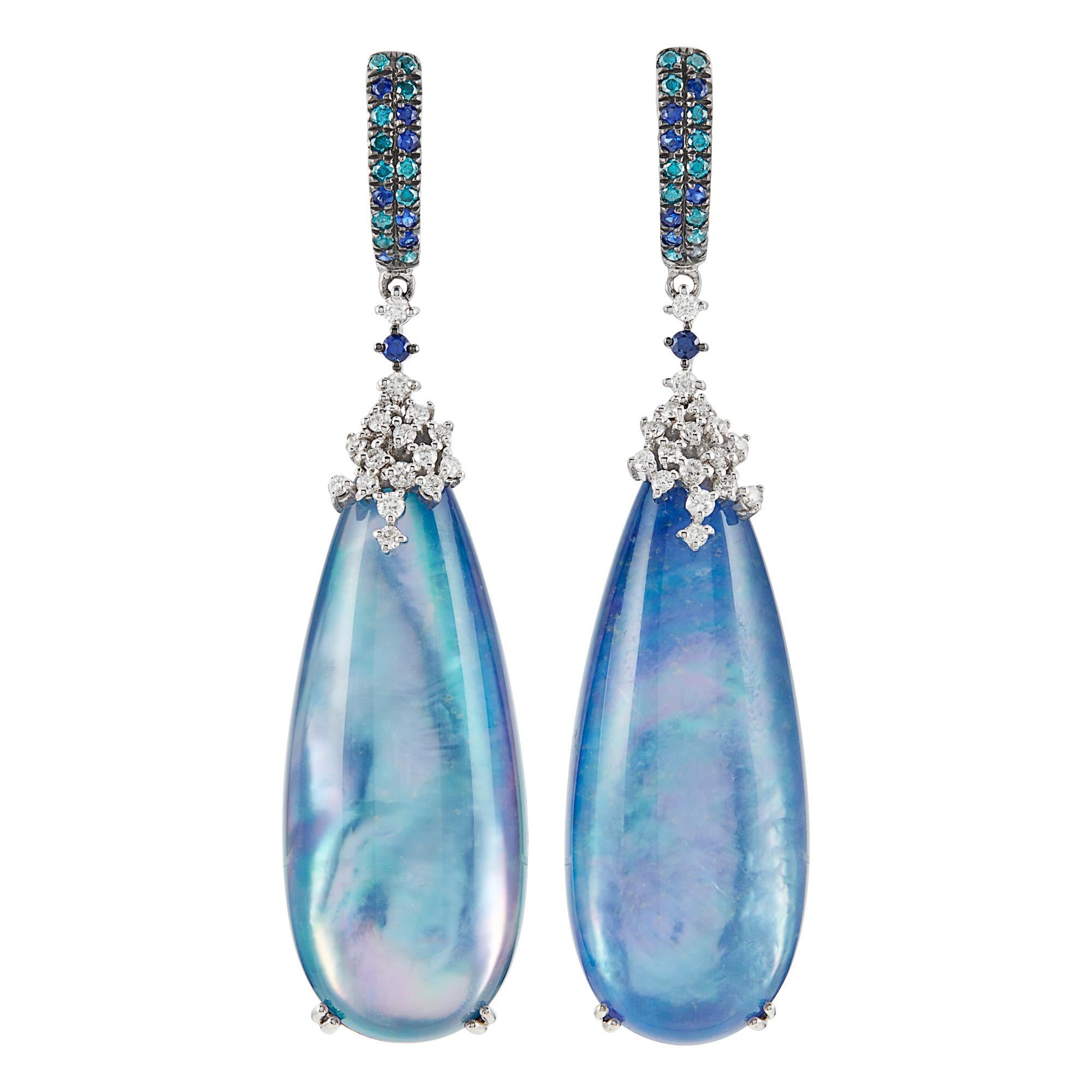 Modern 14k White Gold Crystal Topped Abalone Drop Earrings with Dia and Sapp Accents For Sale