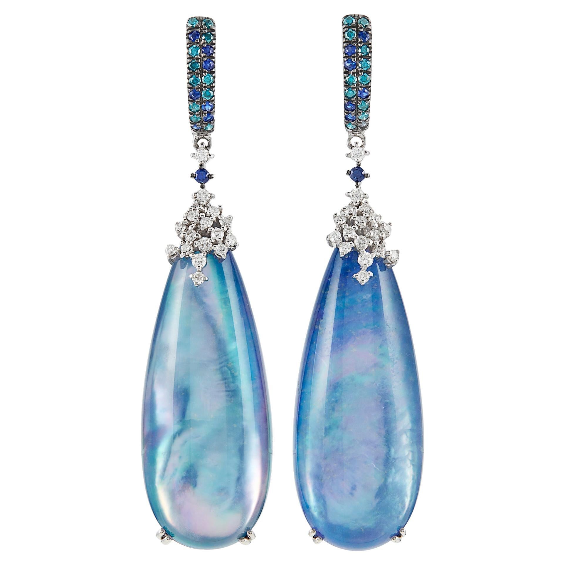 14k White Gold Crystal Topped Abalone Drop Earrings with Dia and Sapp Accents For Sale