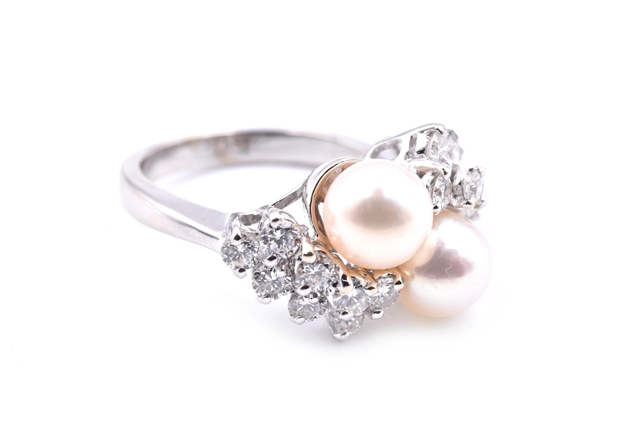 Designer: custom design
Material: 14k white
Cultured Akoya Pearl: 7mm
Diamonds: 16 round brilliant cut = 1.00cttw
Color: G
Clarity: VS
Ring Size: 7 ½ (please allow two additional shipping days for sizing requests)
Dimensions: ring top is 12.16mm by