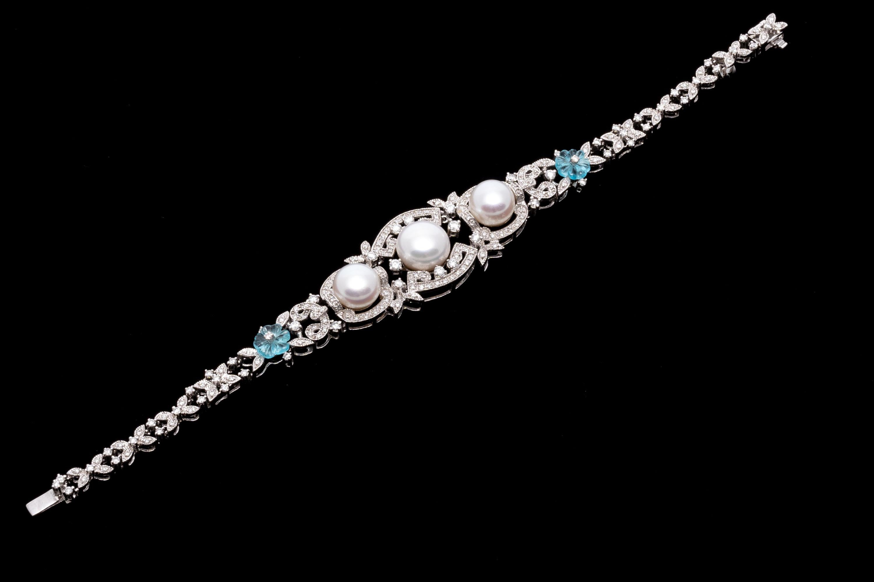 14K White Gold Baroque Revival Pearl and Diamond Bracelet With Blue Topaz Flower For Sale 4