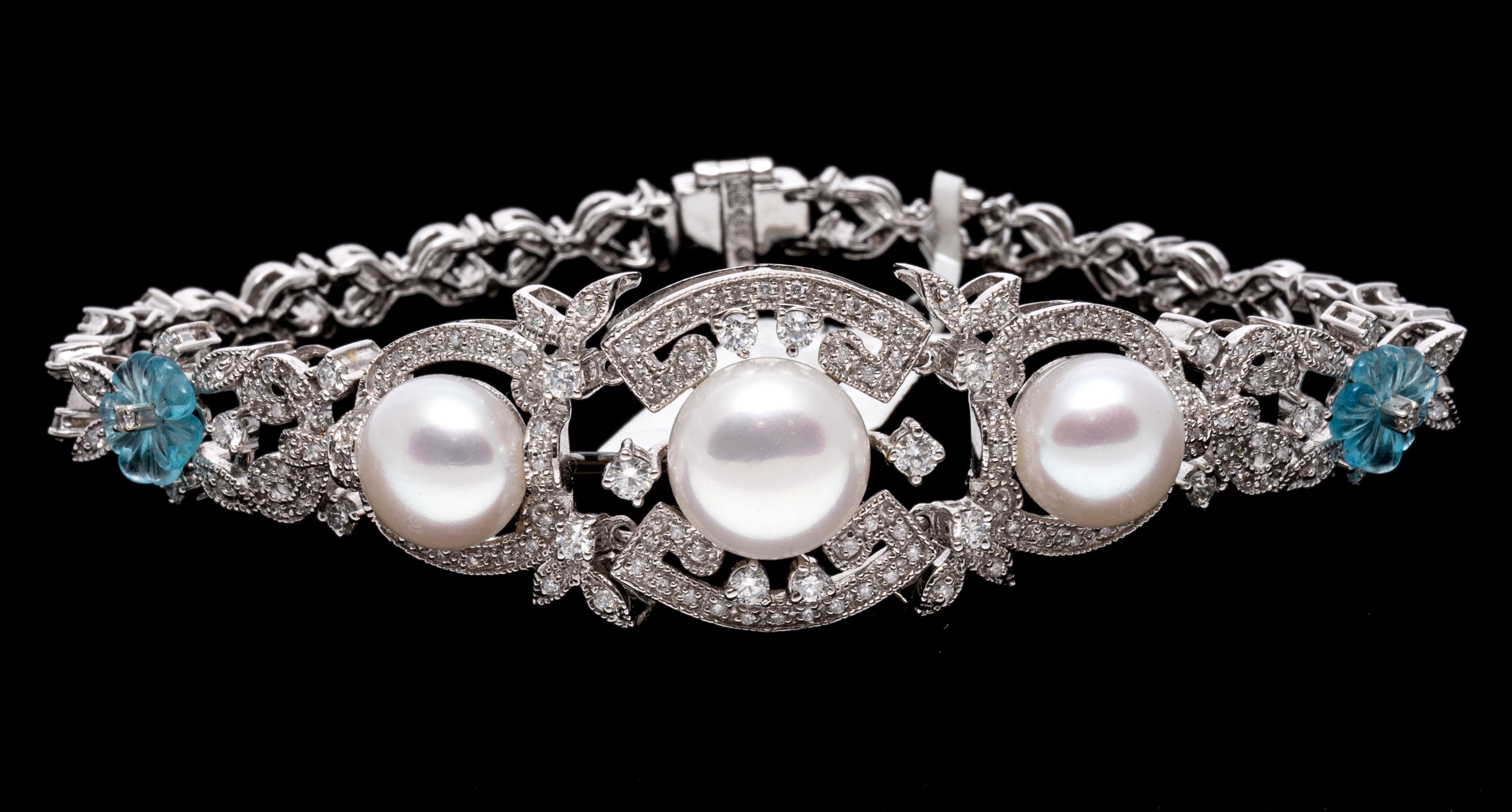 14K White Gold Baroque Revival Pearl and Diamond Bracelet With Blue Topaz Flower For Sale 5