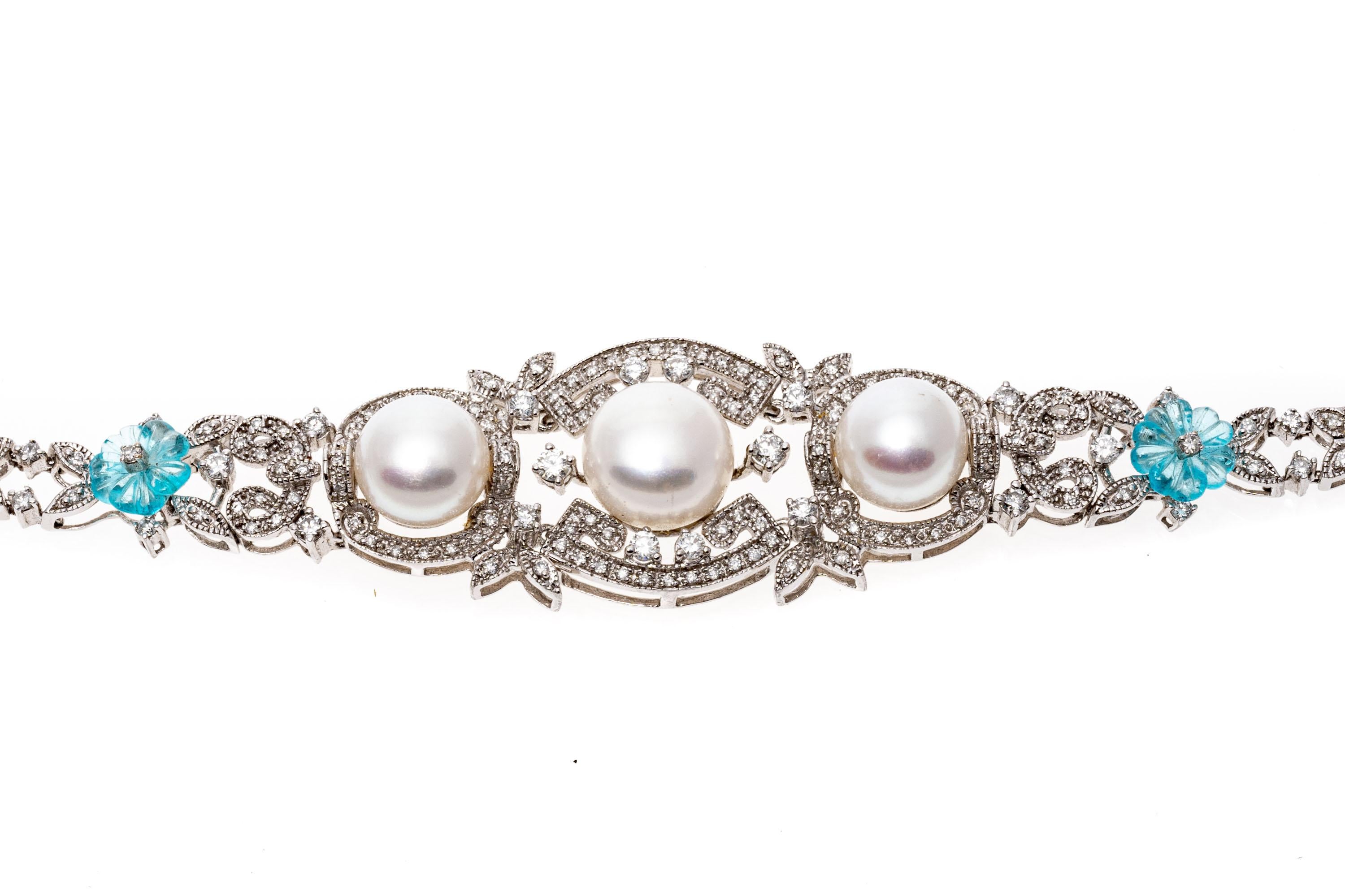 Round Cut 14K White Gold Baroque Revival Pearl and Diamond Bracelet With Blue Topaz Flower For Sale