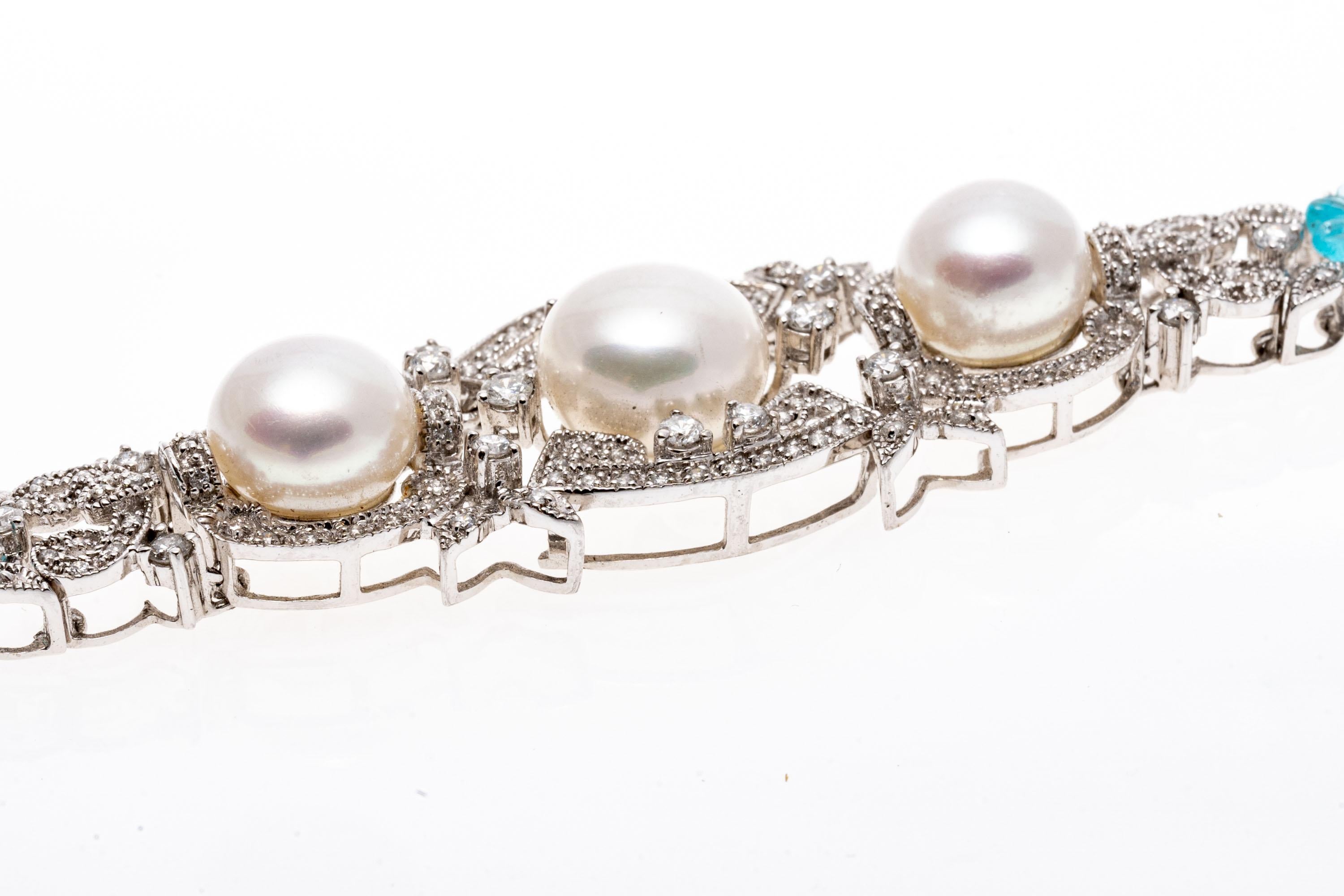 14K White Gold Baroque Revival Pearl and Diamond Bracelet With Blue Topaz Flower In Good Condition For Sale In Southport, CT