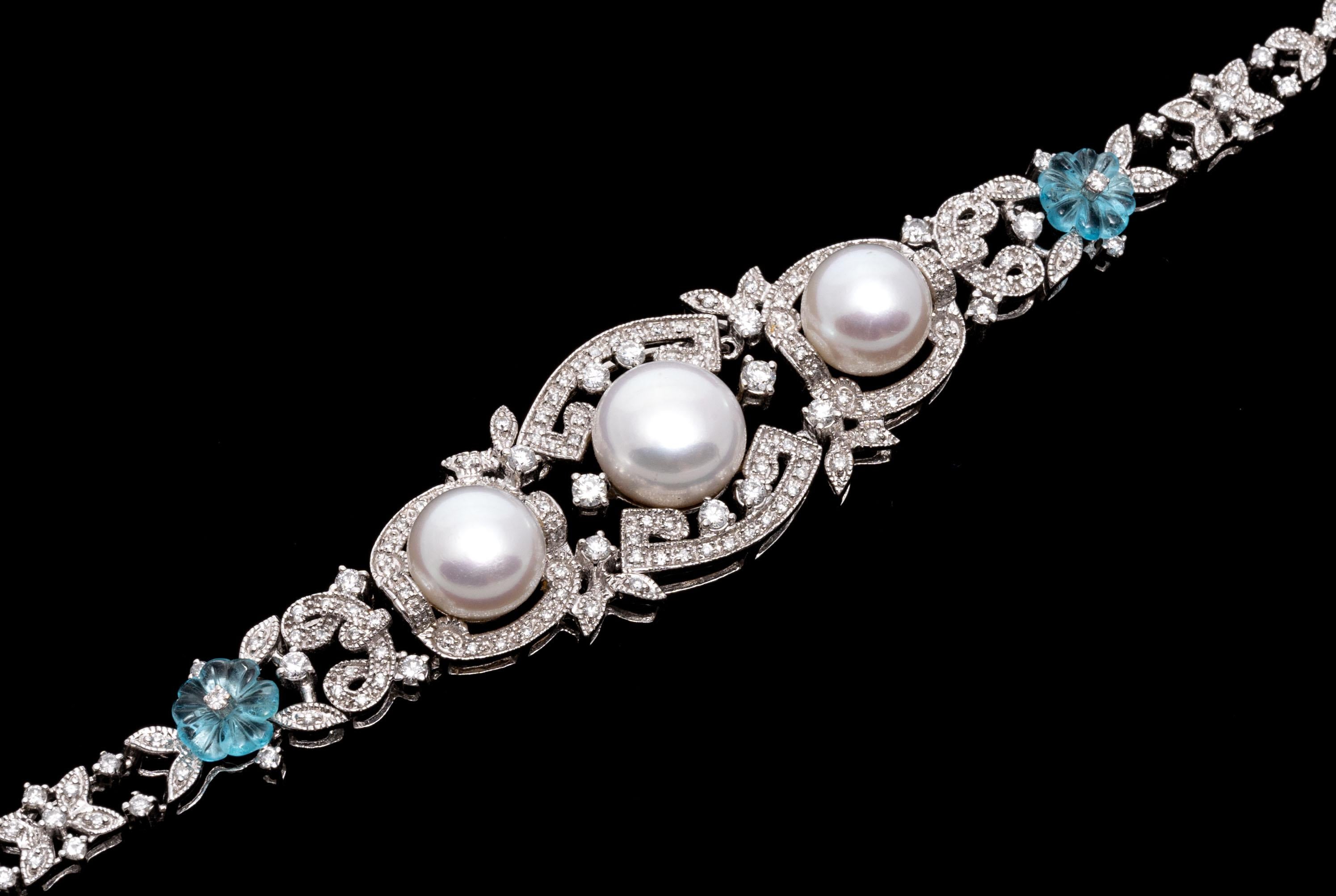 Women's 14K White Gold Baroque Revival Pearl and Diamond Bracelet With Blue Topaz Flower For Sale