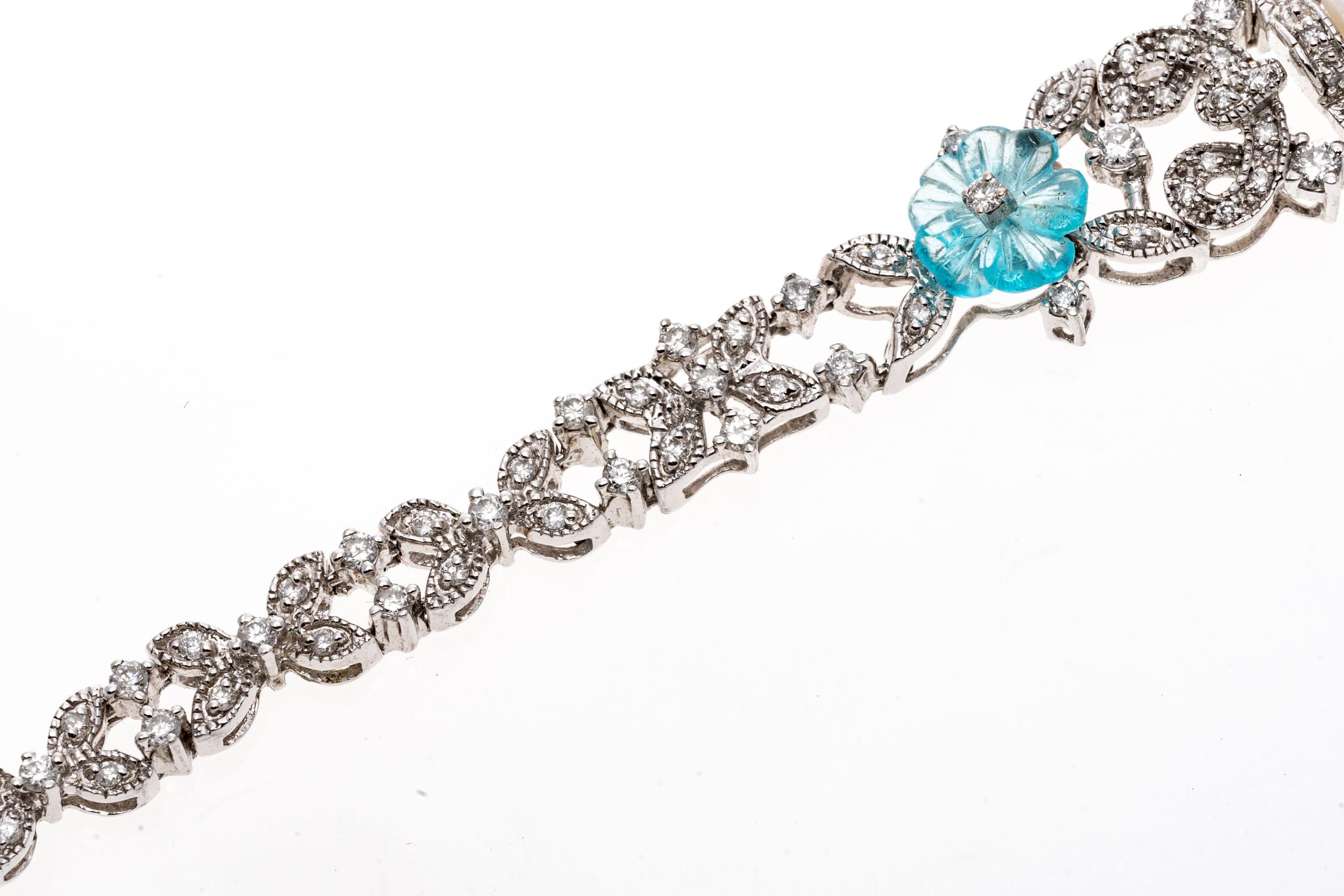 14K White Gold Baroque Revival Pearl and Diamond Bracelet With Blue Topaz Flower For Sale 1