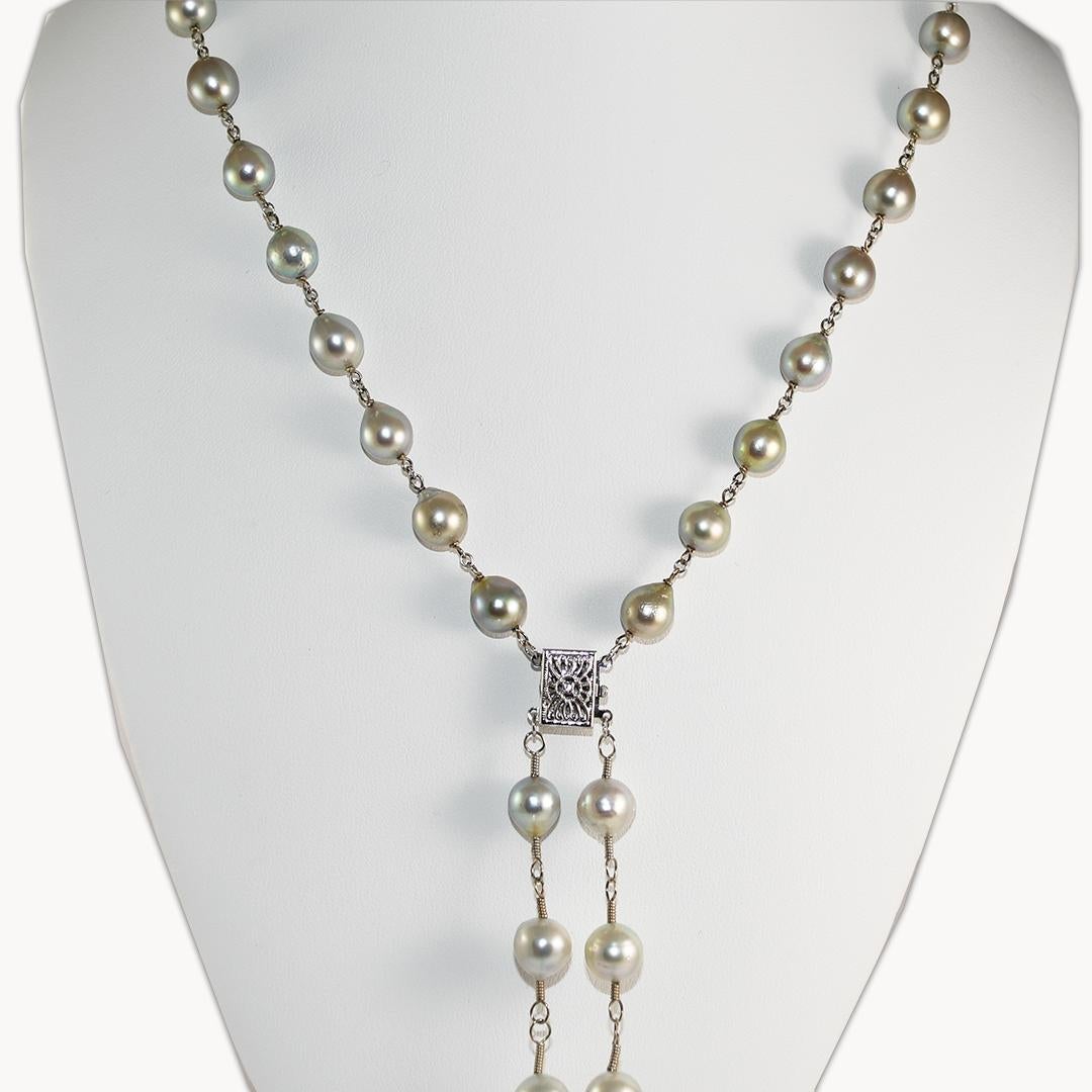 14K White Gold Cultured Pearl Clear Quartz Necklace In Excellent Condition For Sale In Laguna Beach, CA