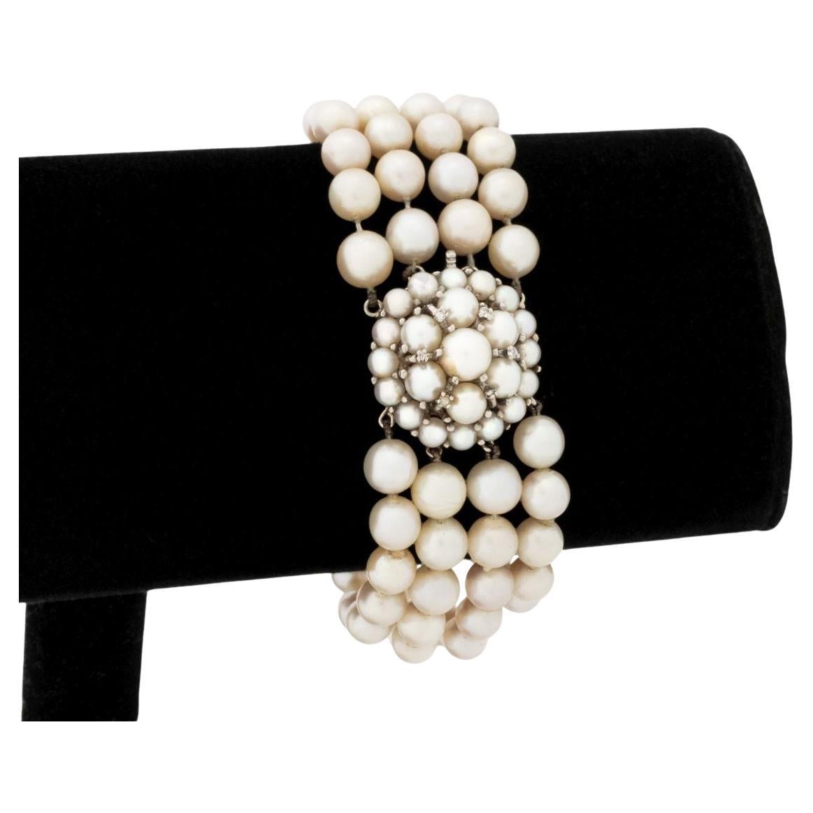 Pulsera de oro blanco de 14 quilates con perlas y diamantes, siglo XX, 7,25"