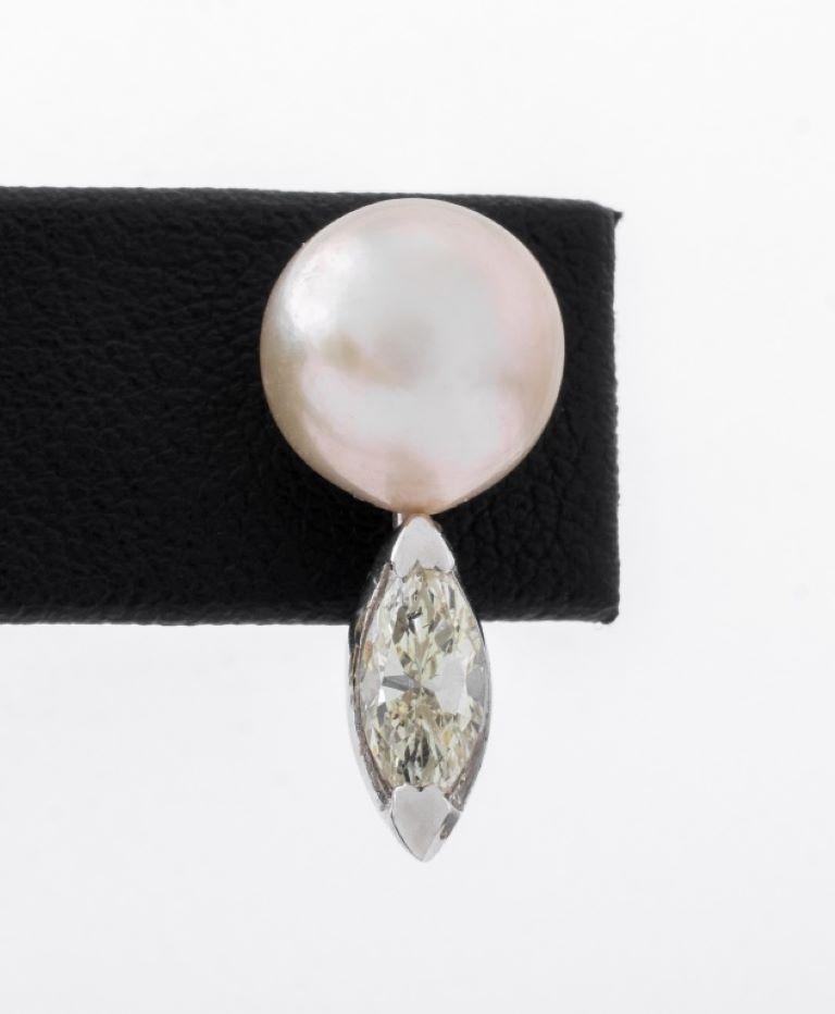 Modern 14K White Gold Cultured Pearl Diamond Earrings For Sale