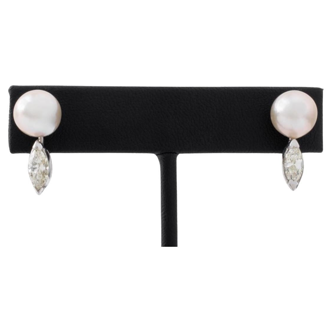 14K White Gold Cultured Pearl Diamond Earrings For Sale
