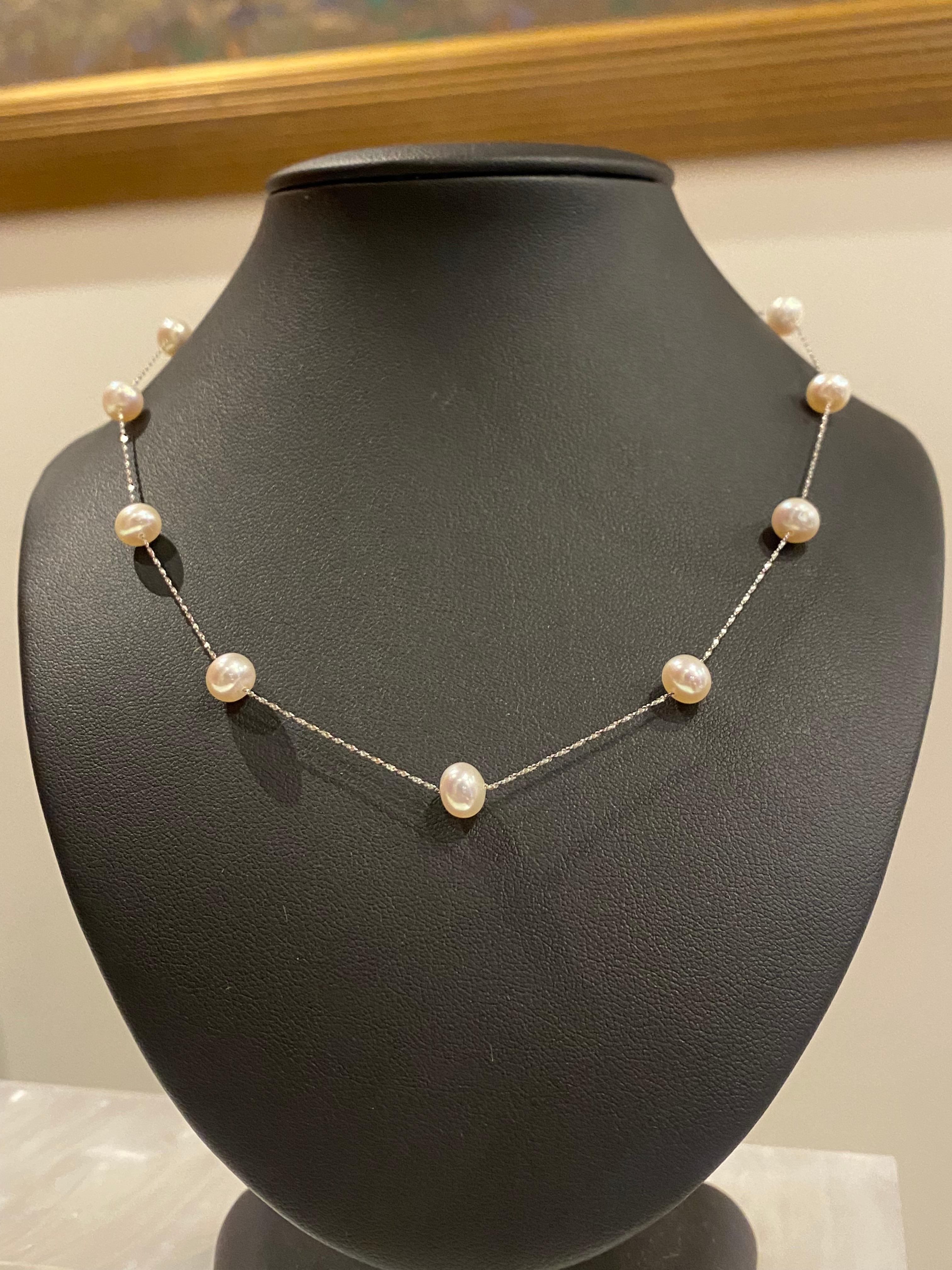 Bead 14K White Gold & Cultured Pearl Italian 16 inches (40cm) Chain Necklace For Sale