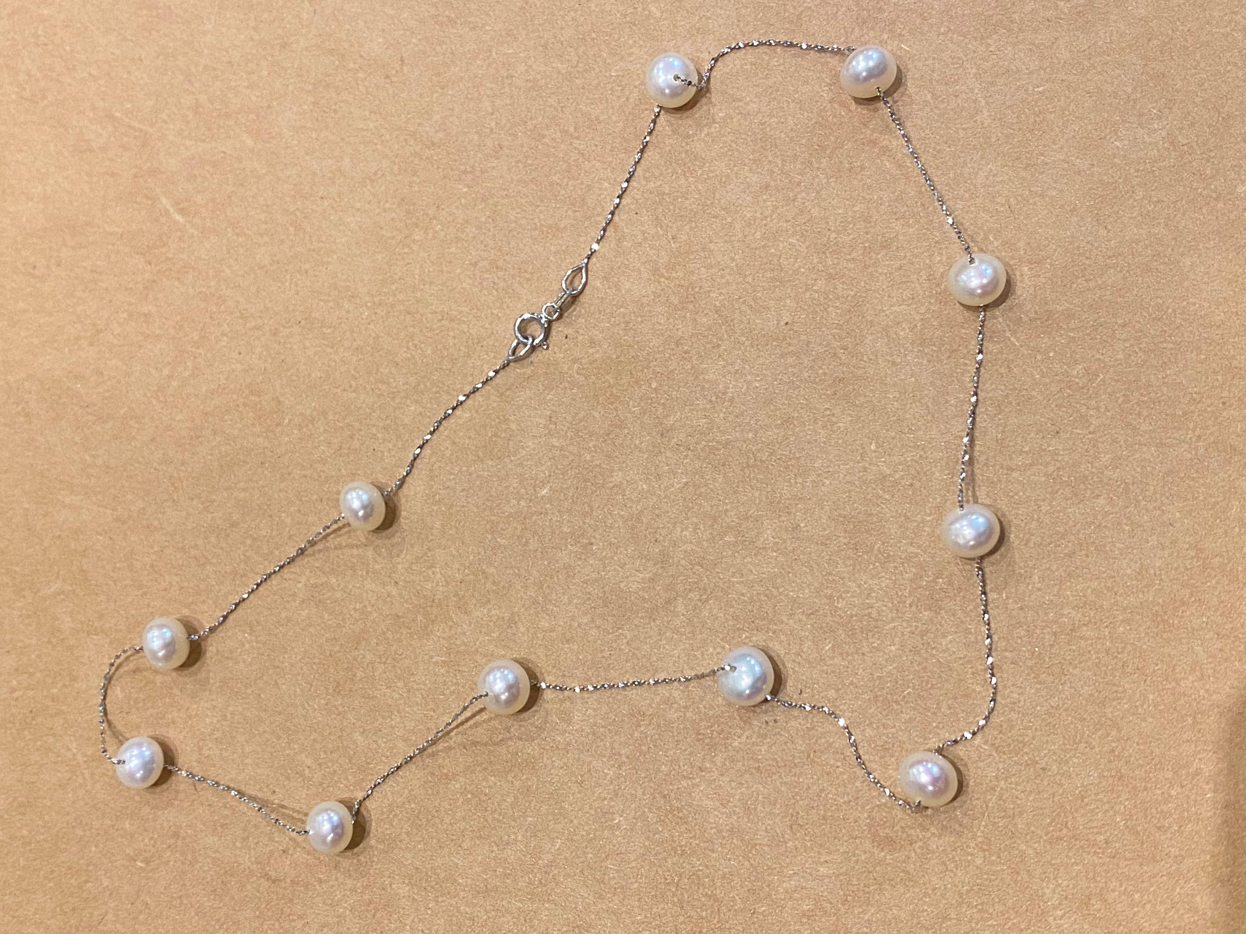 14K White Gold & Cultured Pearl Italian 16 inches (40cm) Chain Necklace In Excellent Condition For Sale In MELBOURNE, AU