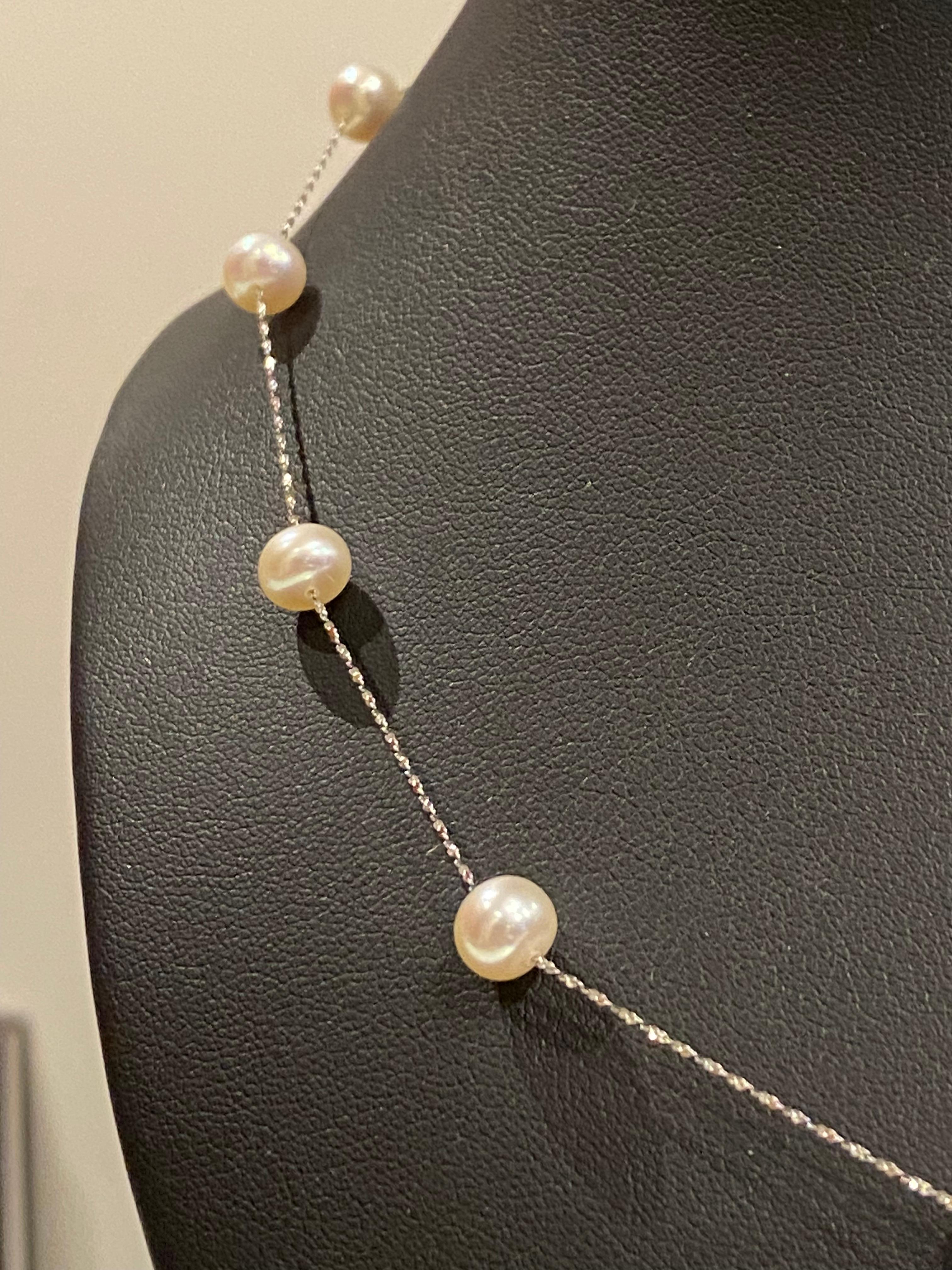 14K White Gold & Cultured Pearl Italian 16 inches (40cm) Chain Necklace For Sale 1