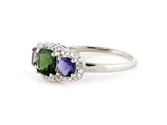 14K White Gold Cushion Chrome Diopside and Iolite Three-Stone Halo Ring