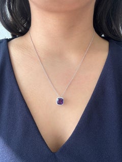 14K White Gold Cushion Cut Amethyst and Diamond Halo Pendant