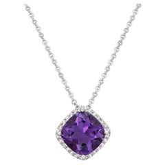 14K White Gold Cushion Cut Amethyst and Diamond Halo Pendant