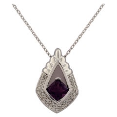 14K White Gold Cushion Cut Amethyst Shield Pendant Necklace