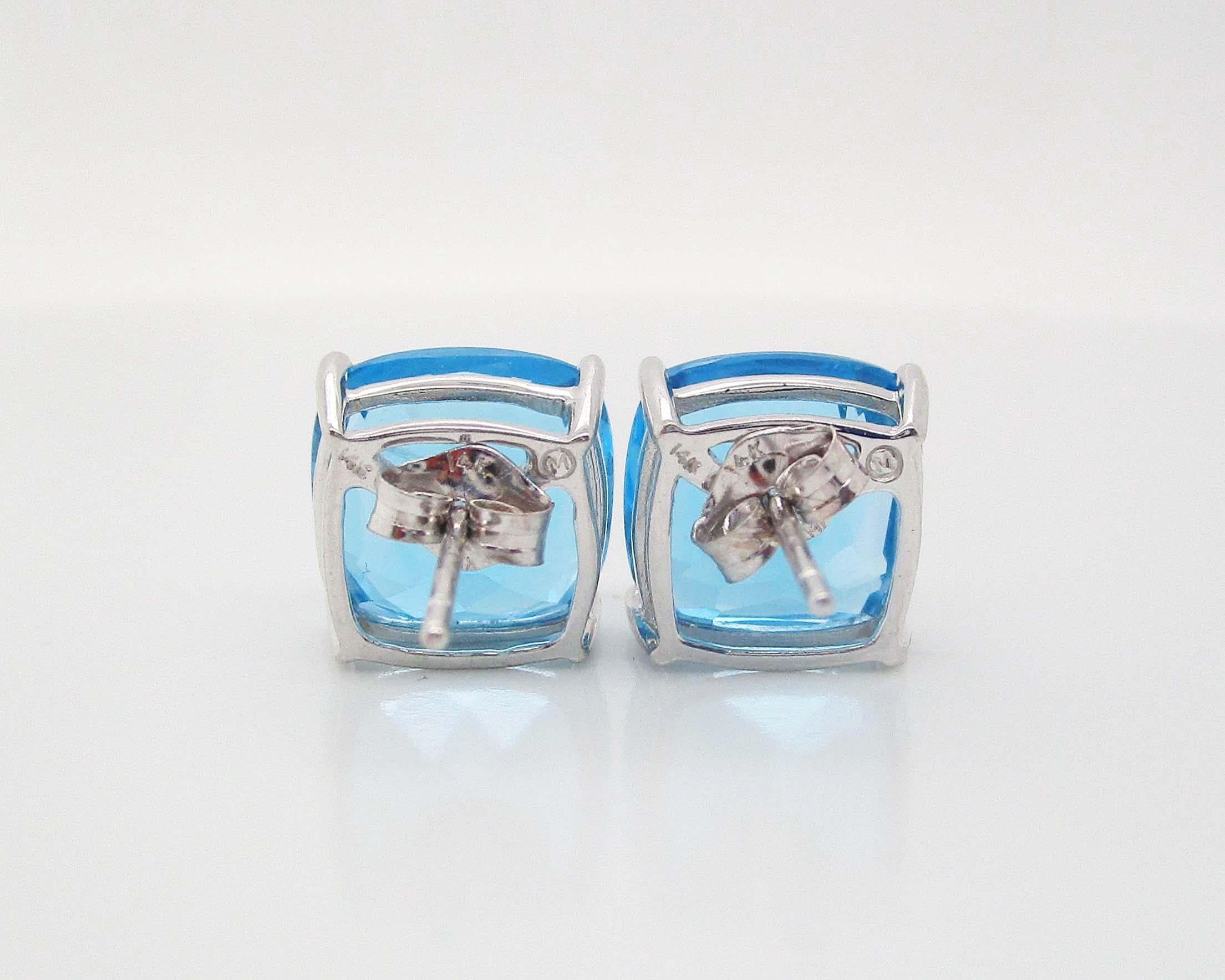 14 Karat White Gold Cushion Cut Blue Topaz Stud Earrings In Excellent Condition In Lexington, KY