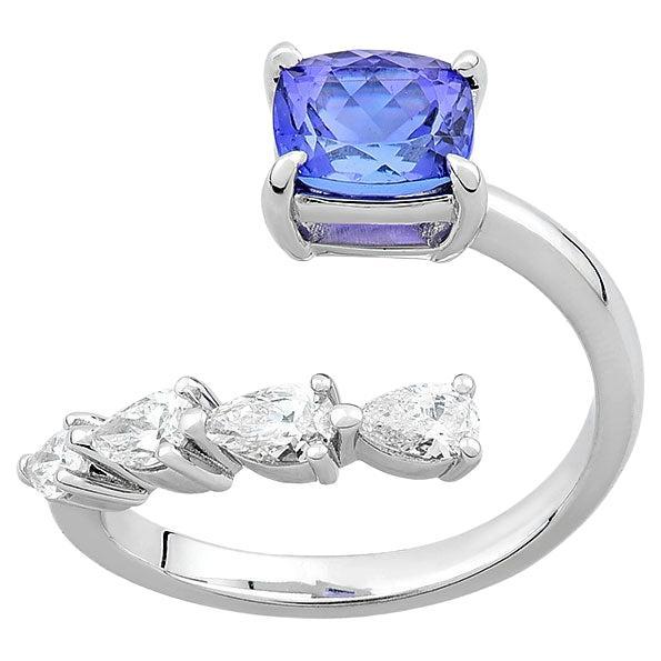 Bague en or blanc 14 carats avec tanzanite taille coussin et diamant en forme de poire