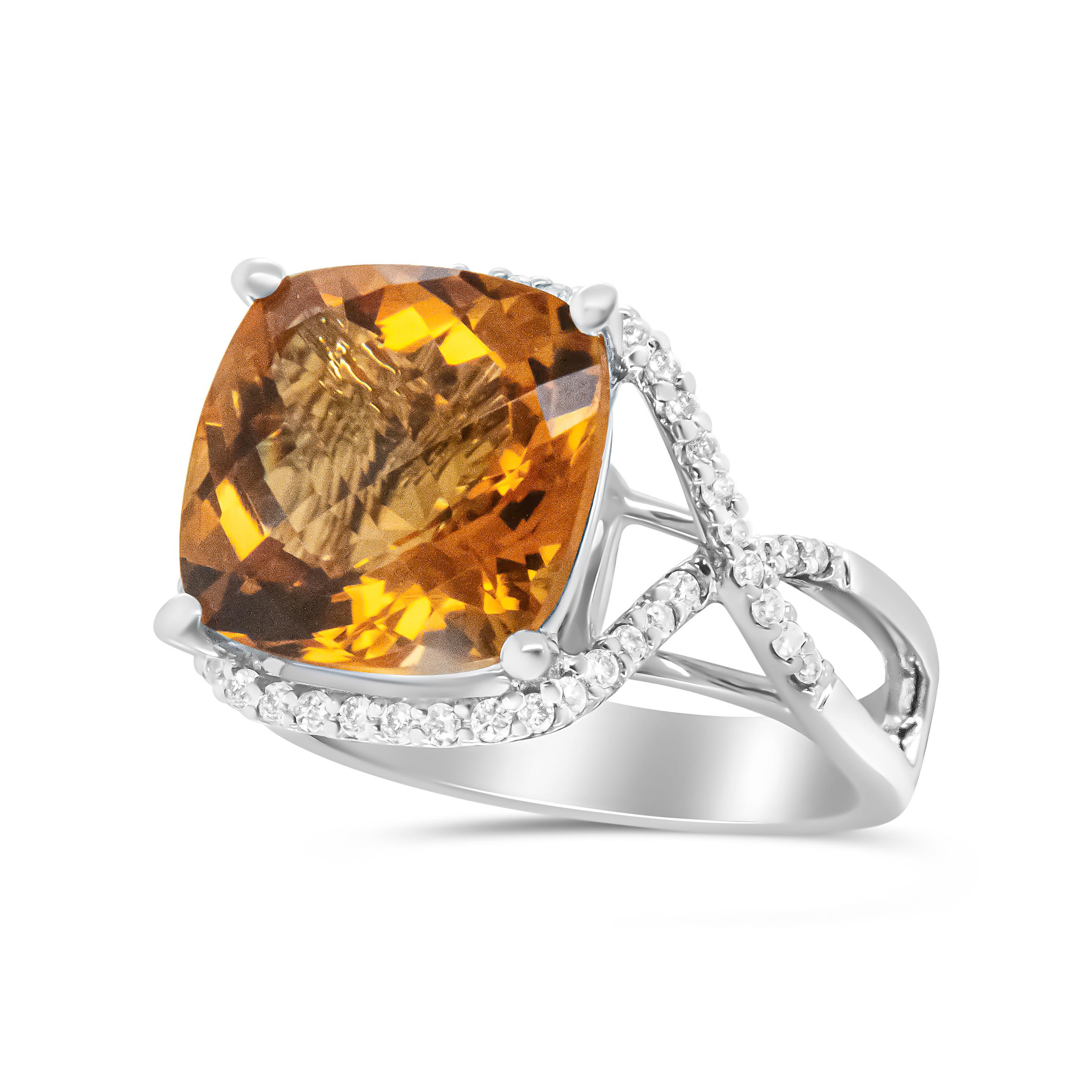 Contemporary 14K White Gold Cushion Cut Yellow Citrine Gemstone & 1/3 Cttw Round Diamond Ring For Sale