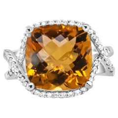 14K White Gold Cushion Cut Yellow Citrine Gemstone & 1/3 Cttw Round Diamond Ring