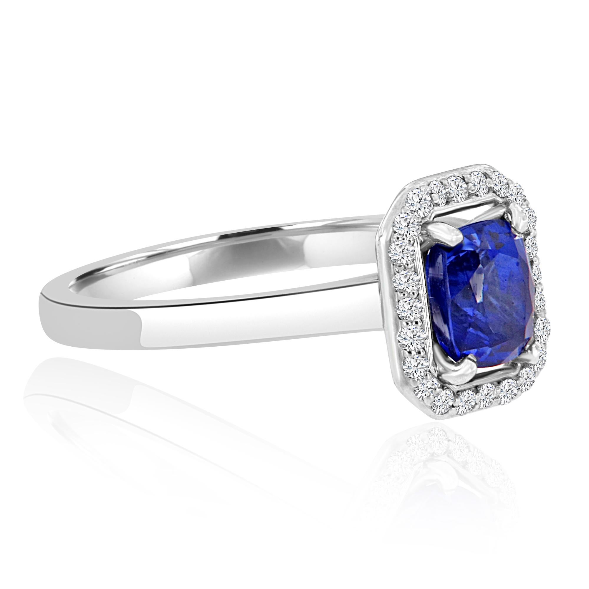 Antique Cushion Cut 14 Karat White Gold Cushion Shape Blue Sapphire Halo Diamond Ring 'Center- 1.38' For Sale