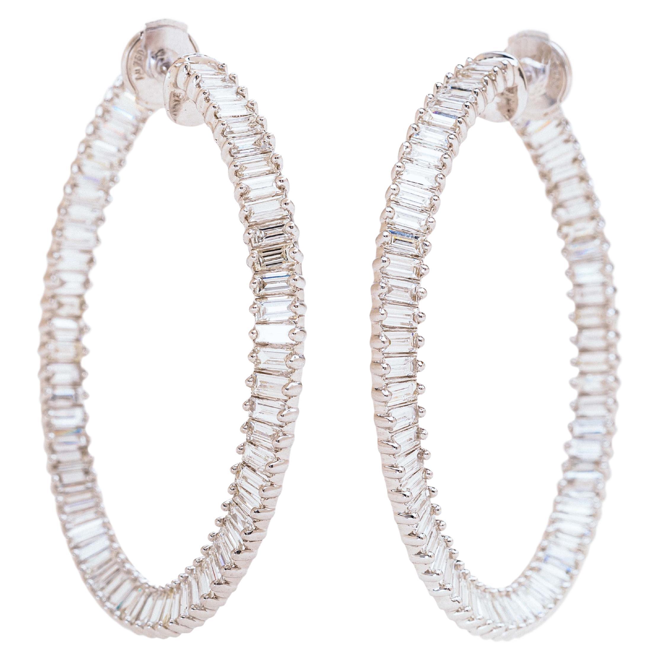 14K White Gold/Custom-Cut Baguette Dancing Wave Twist Hoops by Made By Malyia For Sale