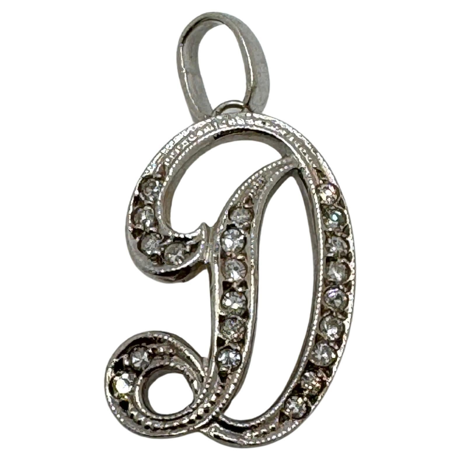 Script initial D en or blanc 14 carats avec diamants