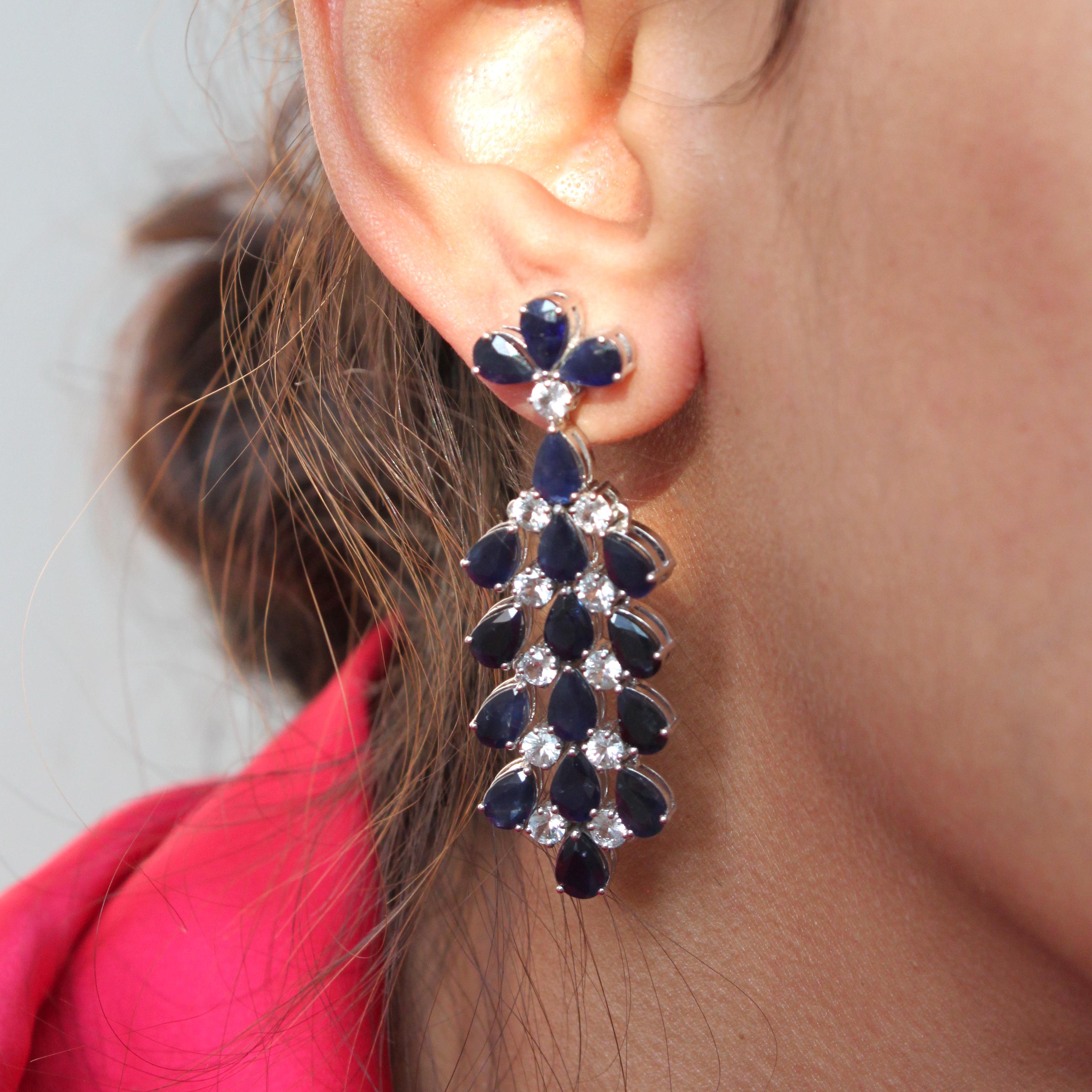 Aesthetic Movement 14K White Gold Dangle Earrings with Cascading Blue Sapphires For Sale