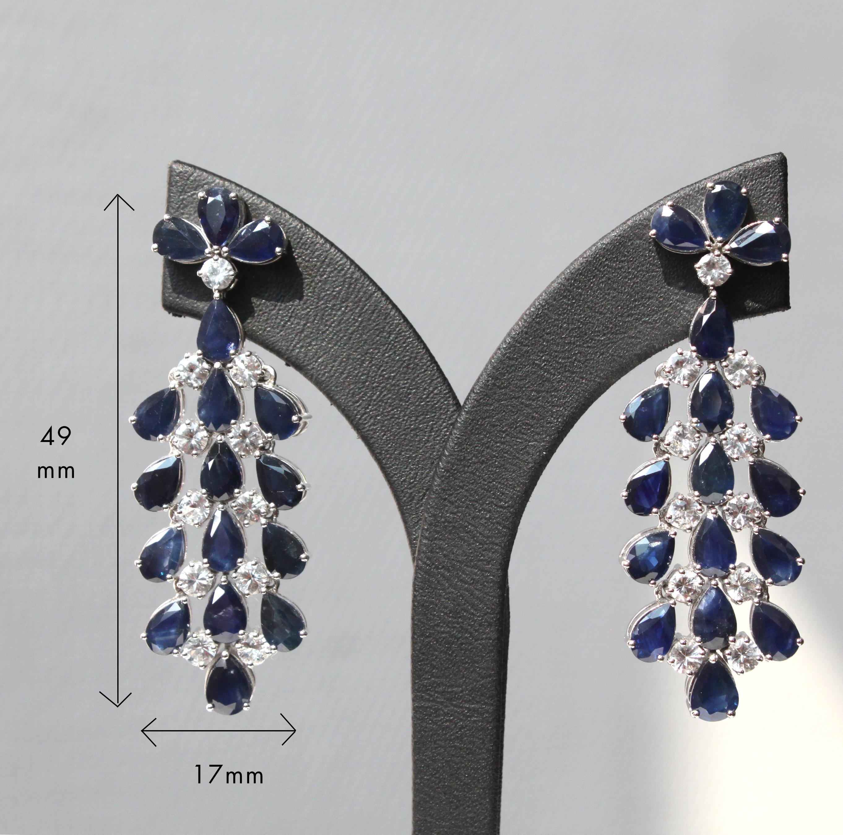Women's 14K White Gold Dangle Earrings with Cascading Blue Sapphires For Sale