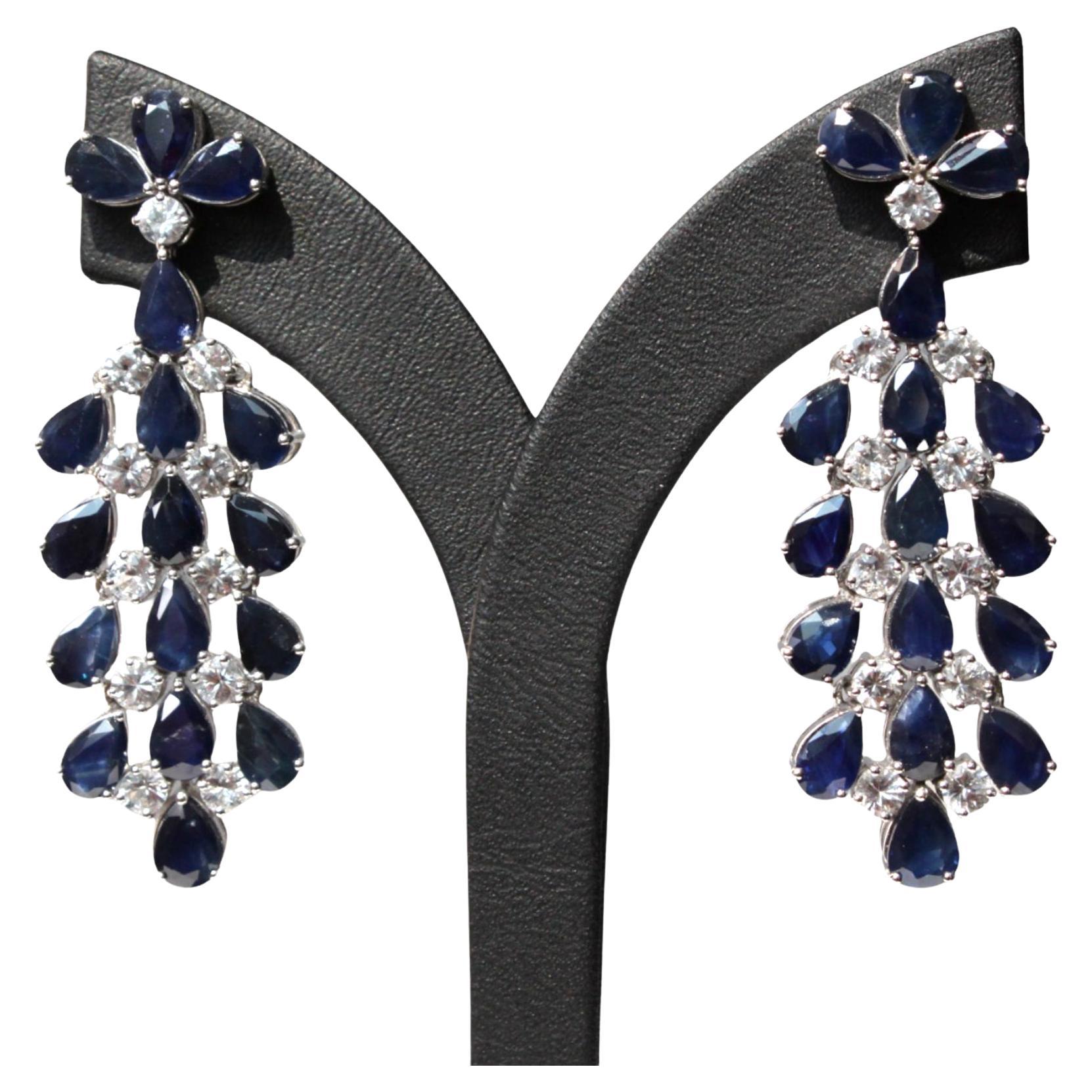 14K White Gold Dangle Earrings with Cascading Blue Sapphires For Sale