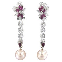 14k White Gold Dangle Earrings with Ruby, Pearl, and Diamond
