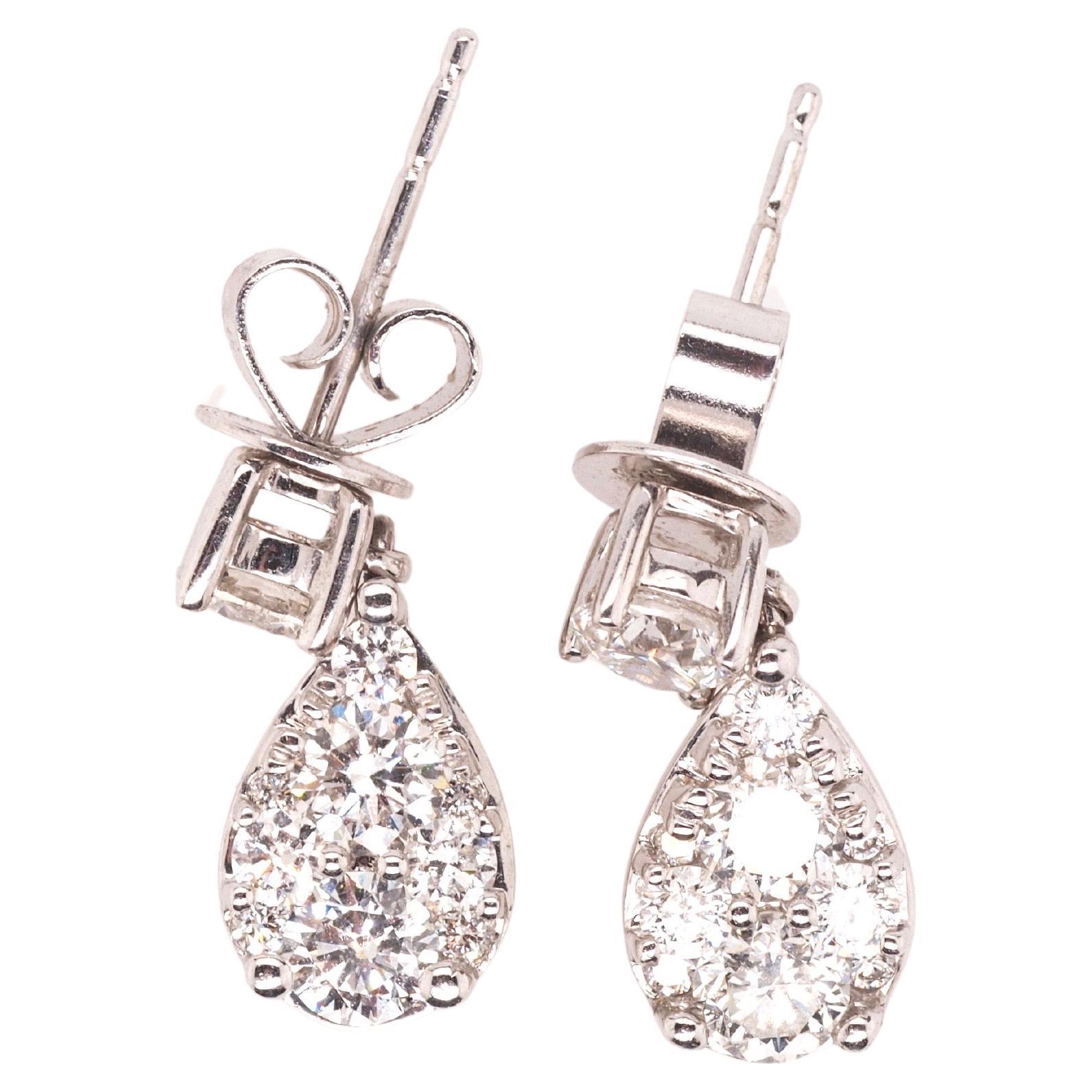 14K White Gold Dangling Drop Diamond Cluster Earrings For Sale