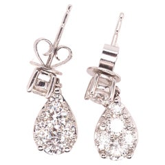 14K White Gold Dangling Drop Diamond Cluster Earrings