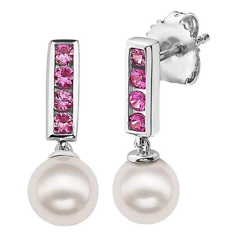 14k White Gold and Akoya Pearl with Pink Sapphire Earrings For Sale