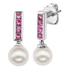 14k White Gold and Akoya Pearl with Pink Sapphire Earrings