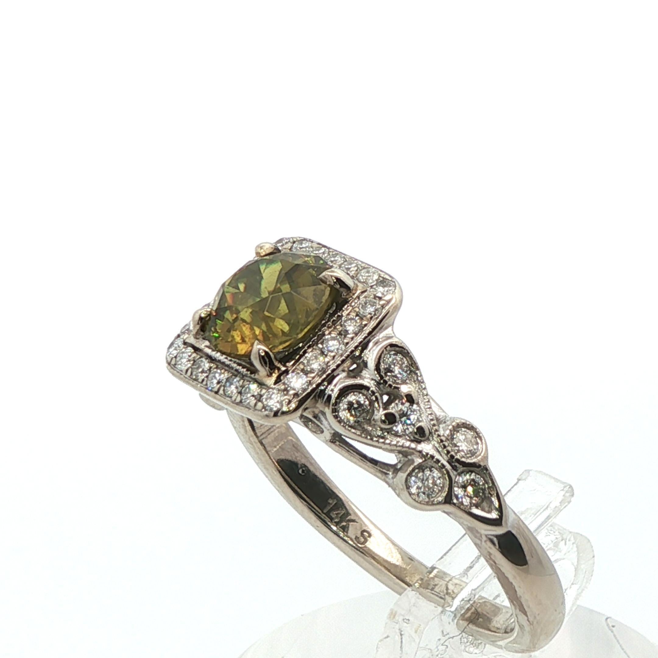 Bague en or blanc 14k grenat démantoïde et diamant Pour femmes en vente