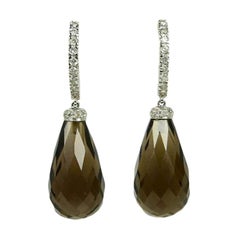 14k White Gold & Diamond 15mm Huggie Hoop Earrings w/ Smoky Quartz Drops