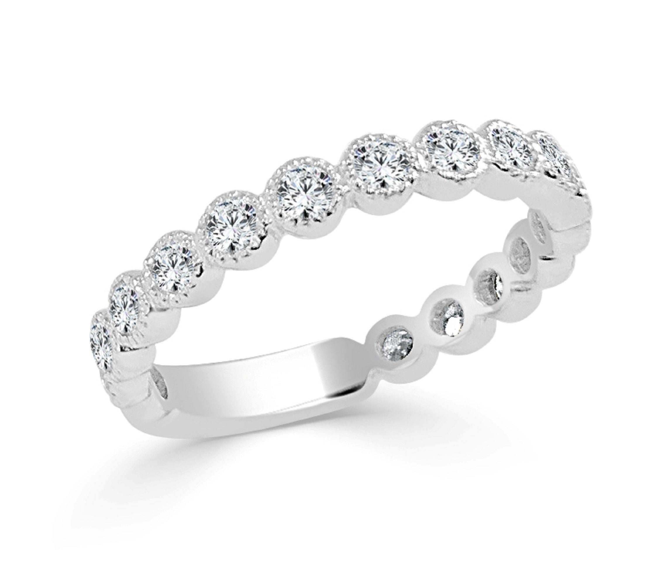Round Cut 14K White Gold Diamond 3/4 Way Around Band for Her For Sale