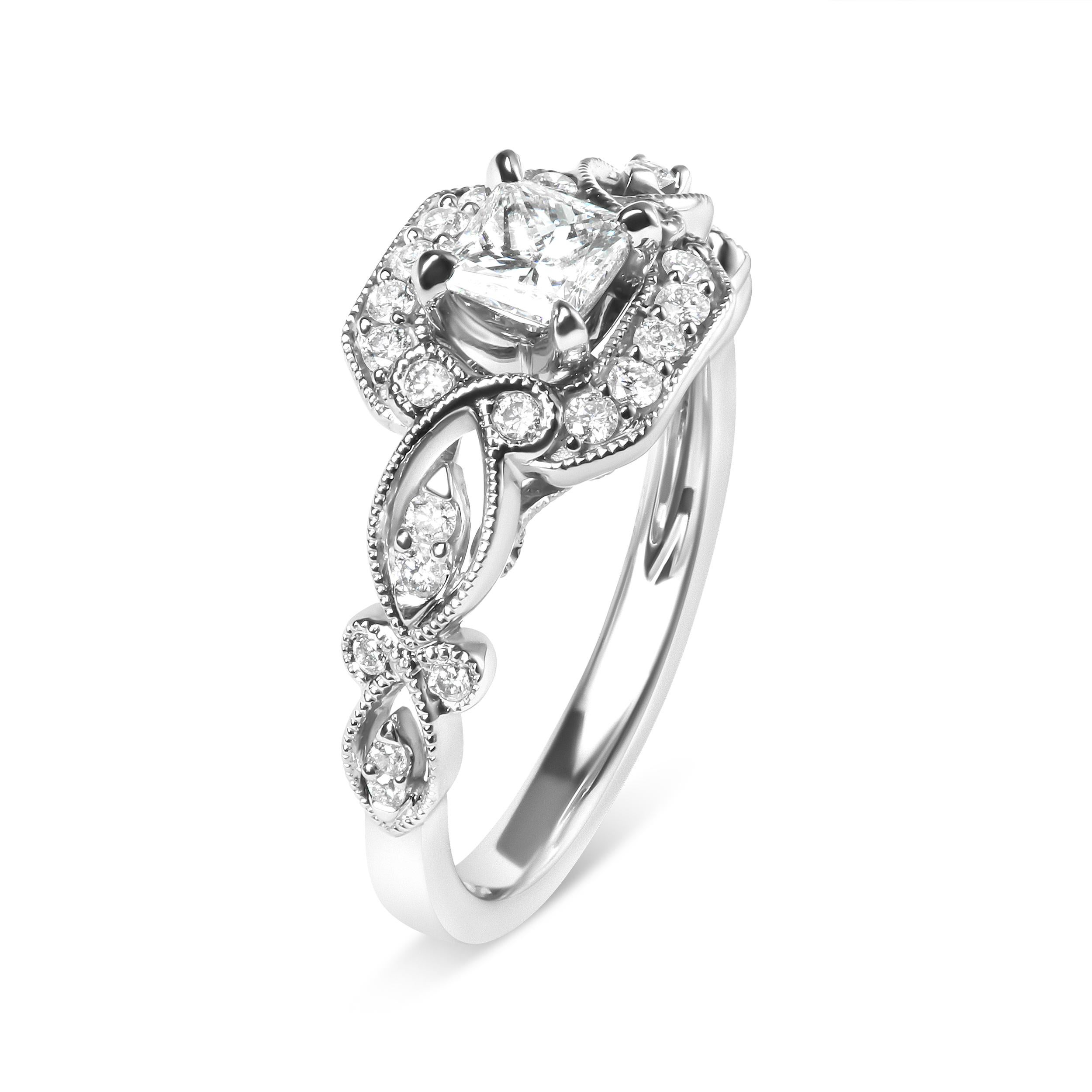 Moderno Anello di fidanzamento in oro bianco 14K con diamante a forma di aureola e gambo intrecciato da 3/4 di dollaro in vendita