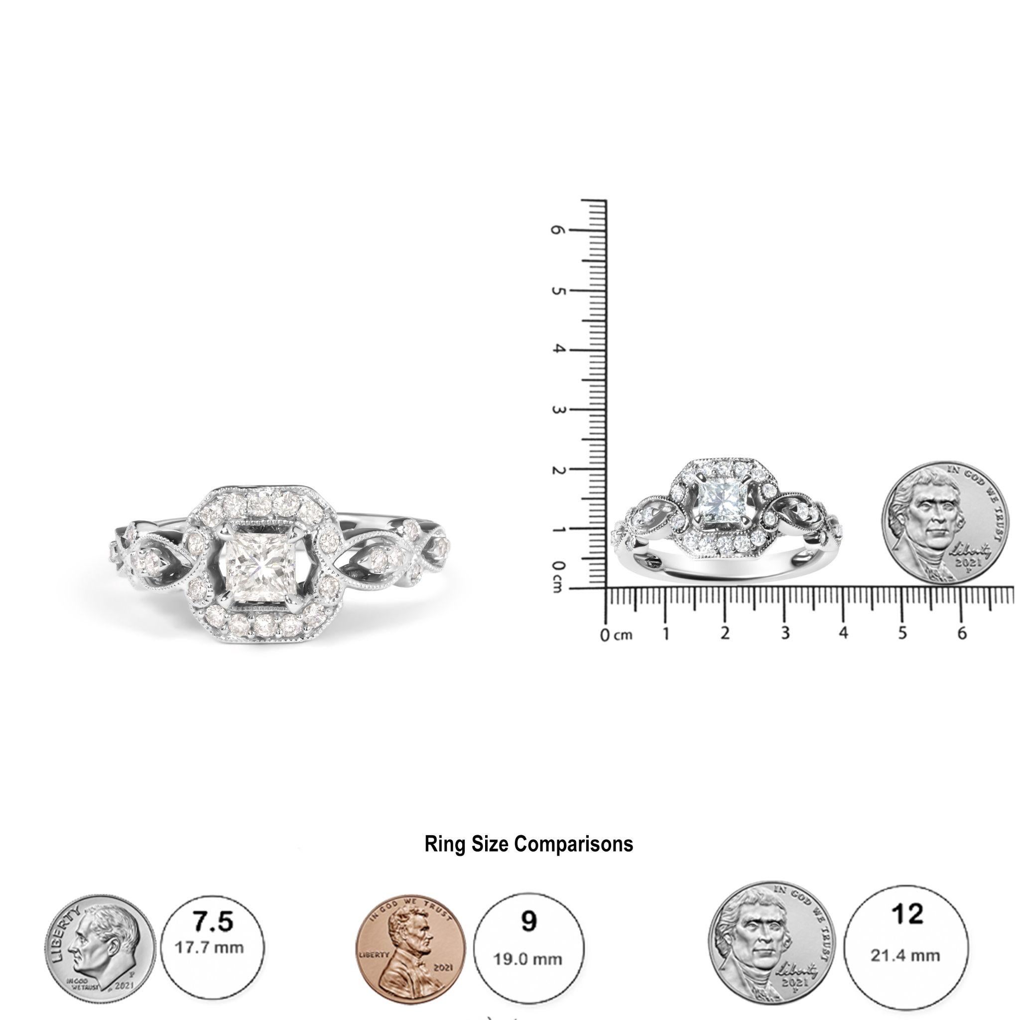 Taglio princess Anello di fidanzamento in oro bianco 14K con diamante a forma di aureola e gambo intrecciato da 3/4 di dollaro in vendita