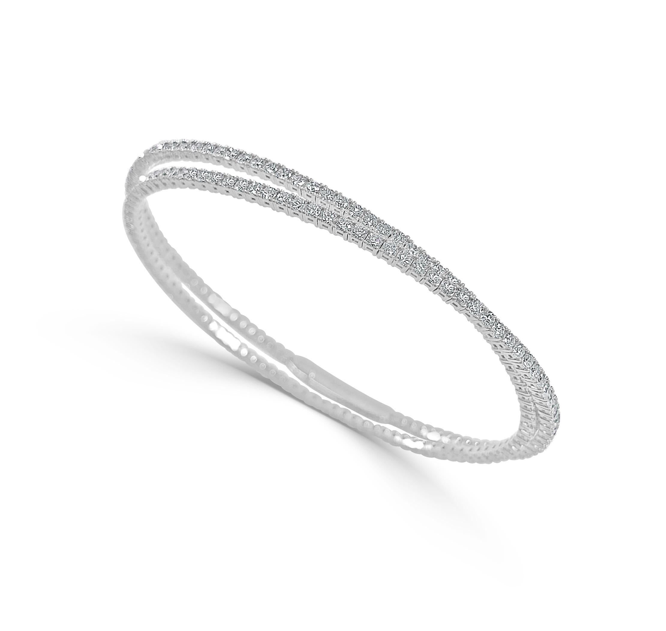 Baguette Cut 14K White Gold Diamond 3.35ct Flexible Double Wrap Bangle for Her For Sale
