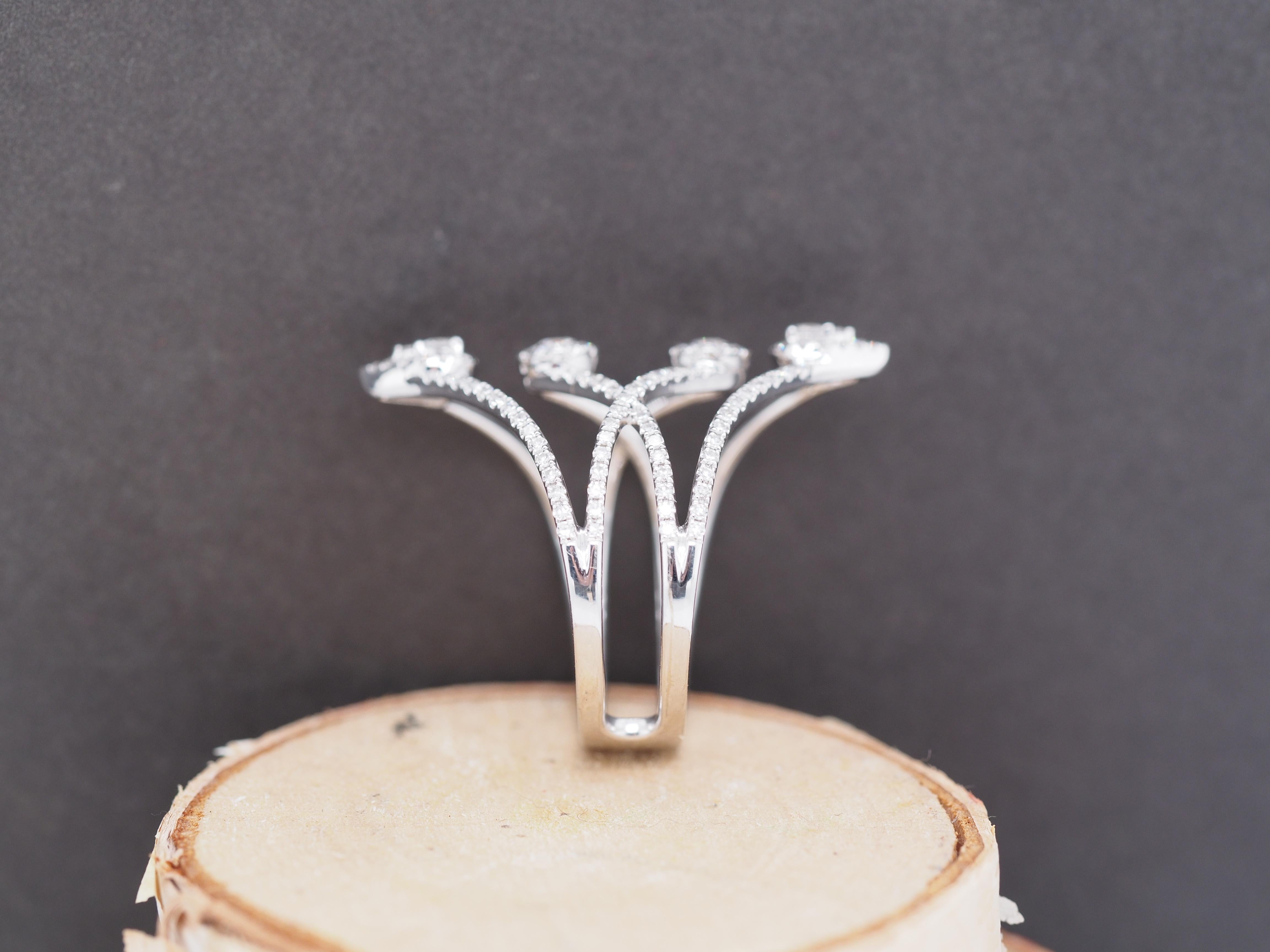 Women's 14K White Gold Diamond 4 Tier Finger Cocktail Ring For Sale