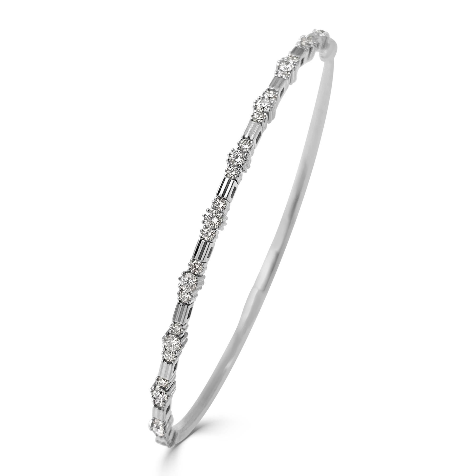  Quality Flexible Stackable Bangle: Made from real 14k gold and 76 glittering white approximately 3/4 cts. Certified diamonds, featuring a single row of white diamonds flexible diameter for comfort with a color and clarity of GH-SI
 Surprise Your